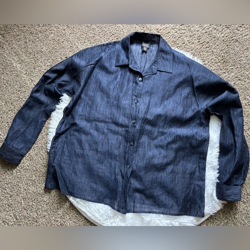 Eileen Fisher Dark Navy Button-Front Long Sleeve Shirt